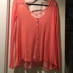FREE PEOPLE pink lace button up shirt